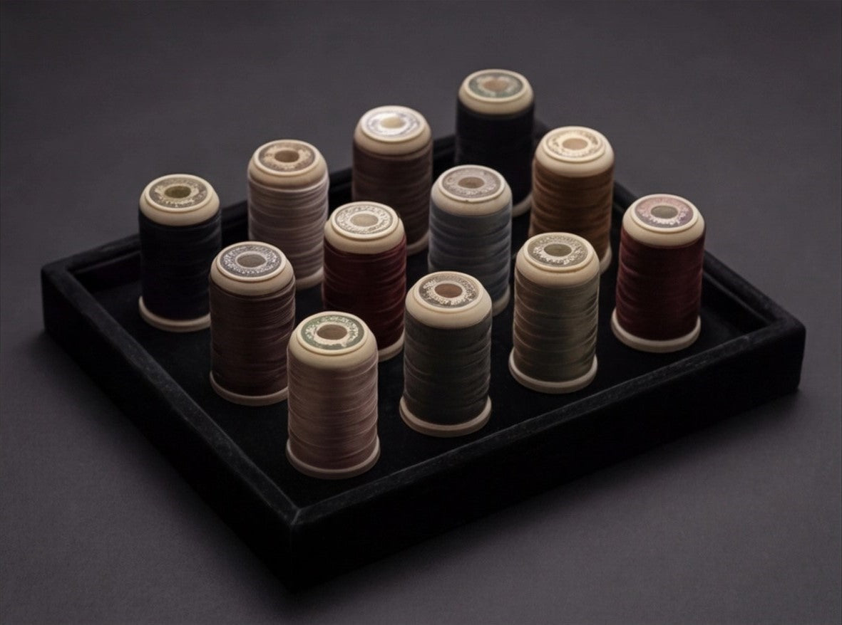 Threads arranged in a presentation tray.