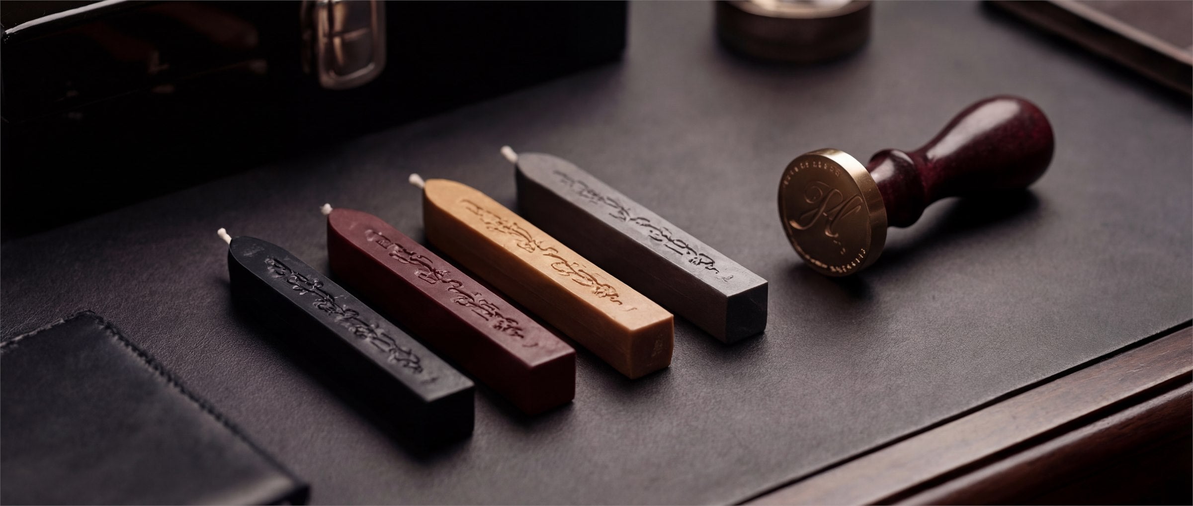 Monogram blocks and personalization tools arranged in a study.