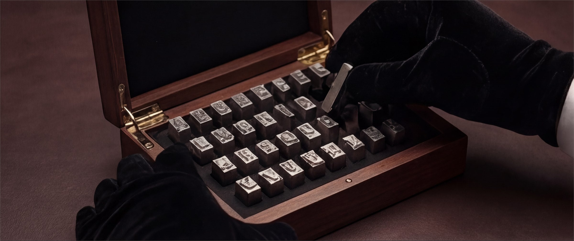 A wood case displaying metal personalization types.