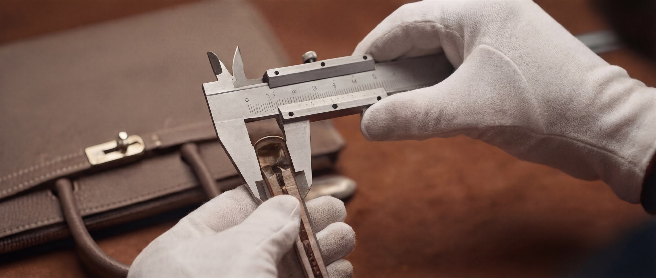 A repair specialist assessing hardware dimensions and zipper compatibility with precision tools.